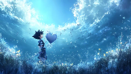 Star-haired wanderer guarding a floating glass heart in blue.