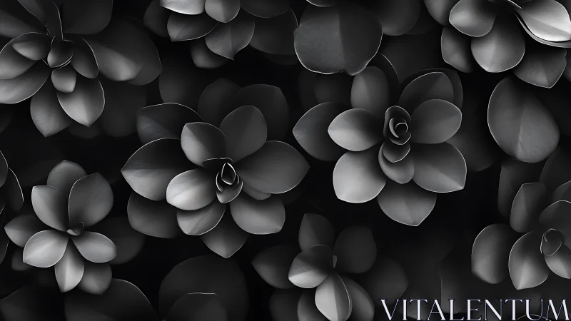 Monochrome succulent rosettes form dense sculpted pattern.