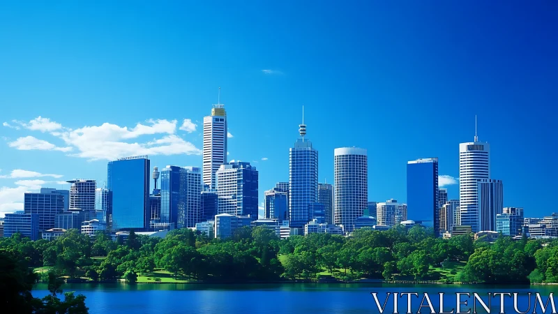 Urban skyline with glass towers above riverside parkland.