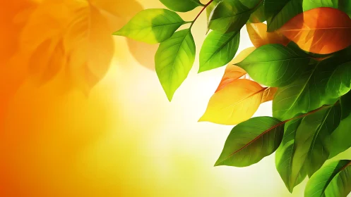 Sunlit green and golden leaves against glowing gradient sky.