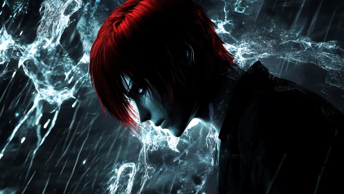 Stormlit red‑haired loner finding quiet in crashing water.