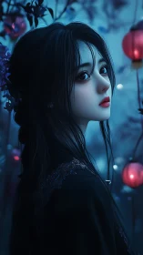 Digital portrait of woman in blue night scene with lanterns.