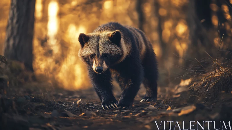 Golden-hour forest wanderer padding through ember light.