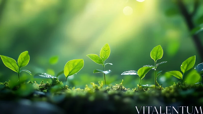 Backlit seedlings form a linear rhythm in soft green bokeh field