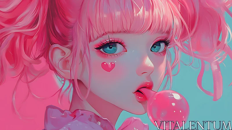 Cotton candy bubblegum girl gazes with dreamy neon eyes.