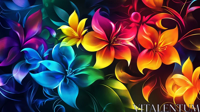 Neon garden bloomstorm swirling in rainbow midnight air.