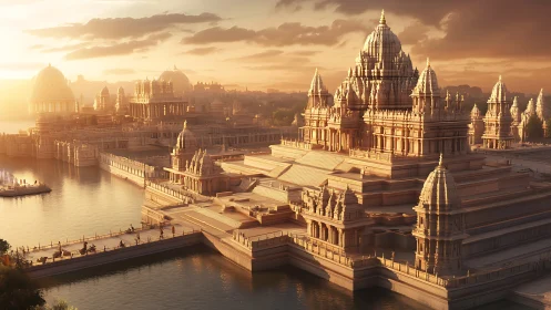 Sunlit temple city rises over tranquil reflective waters