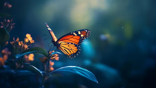 Monarch butterfly in shallow-depth twilight garden macro scene