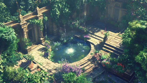 Sunlit courtyard pond shimmers amid lush overgrown ruins