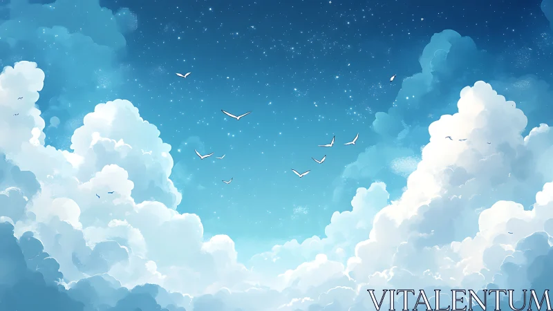 White birds fly above dense cumulus clouds in blue sky