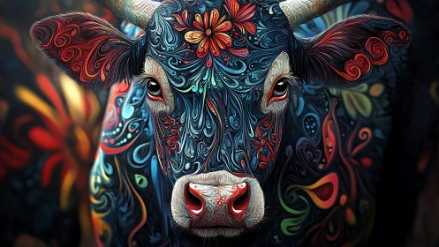 Floral patterned cow portrait in vivid swirling colors.