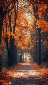Golden Autumn Forest Path with Towering Trees.