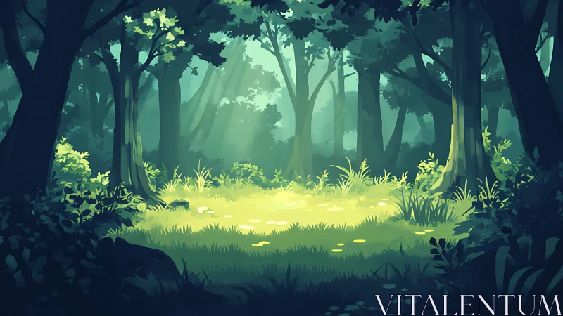 Sunlit Forest Clearing with Towering Trees and Verdant Undergrowth