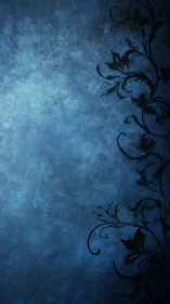 Elegant dark floral scrollwork on textured blue background.