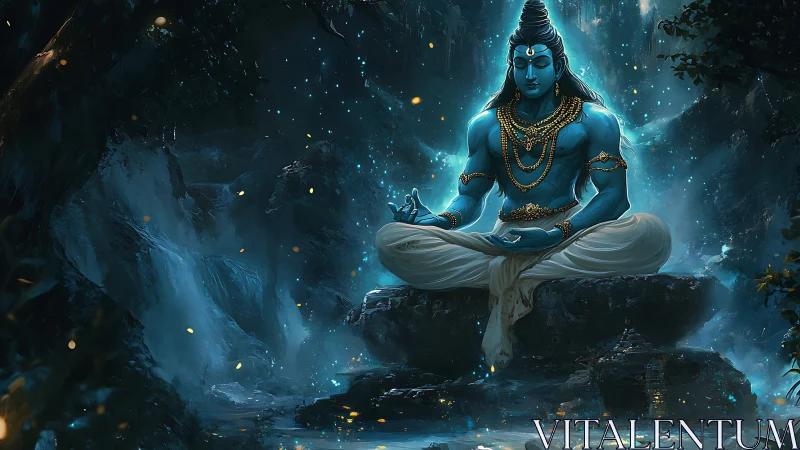 Blue-skinned seated figure in meditative pose within grotto.