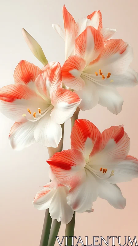 Coral and Cream Amaryllis Blooms Against Soft Light.