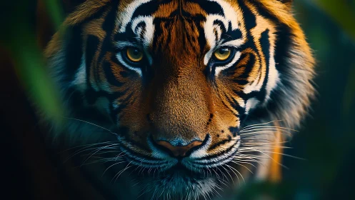Tiger stares forward with intense golden-eyed focus
