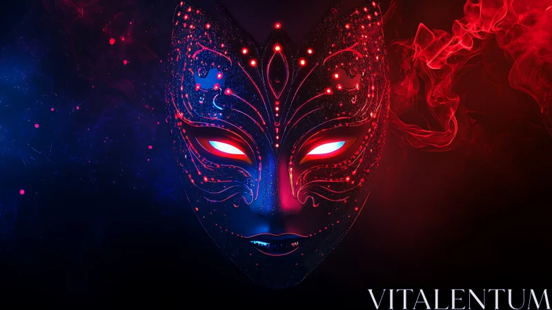 Cyber mask with glowing eyes in red and blue smoke.