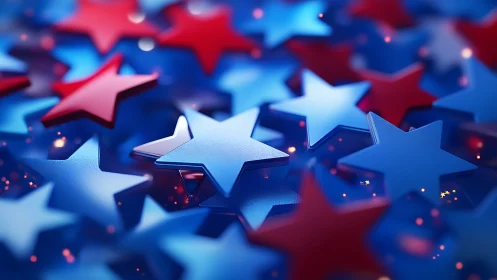 Glossy red and blue stars glow in a festive patriotic blur