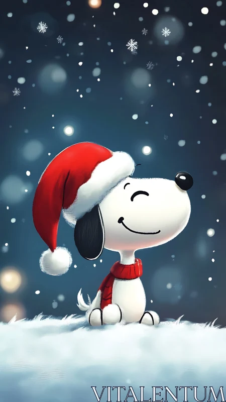 Cartoon dog in Christmas attire gazes upward at falling snow