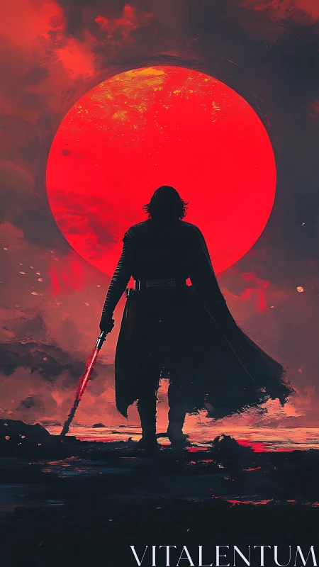 Dark warrior stands before burning red sun in storm sky