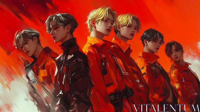 Neon-lit boy band stands in blazing orange flight suits.
