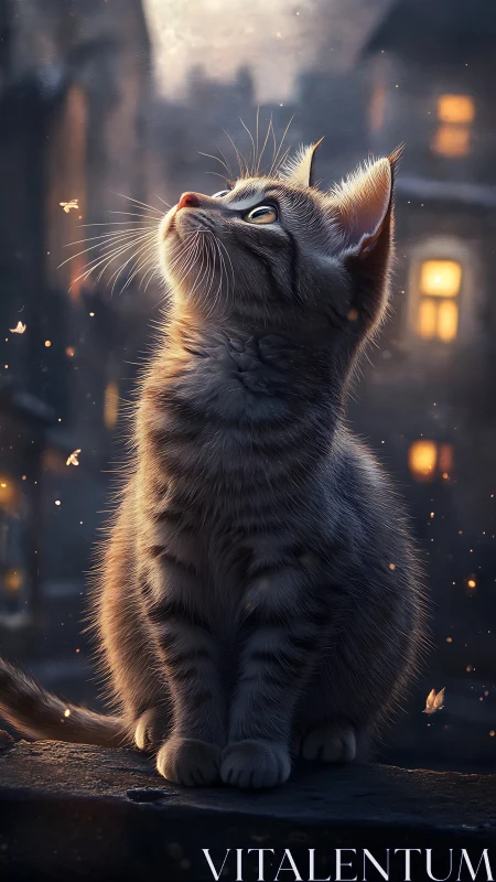 Ethereal Cat Gazing Upward in Mystical Urban Twilight