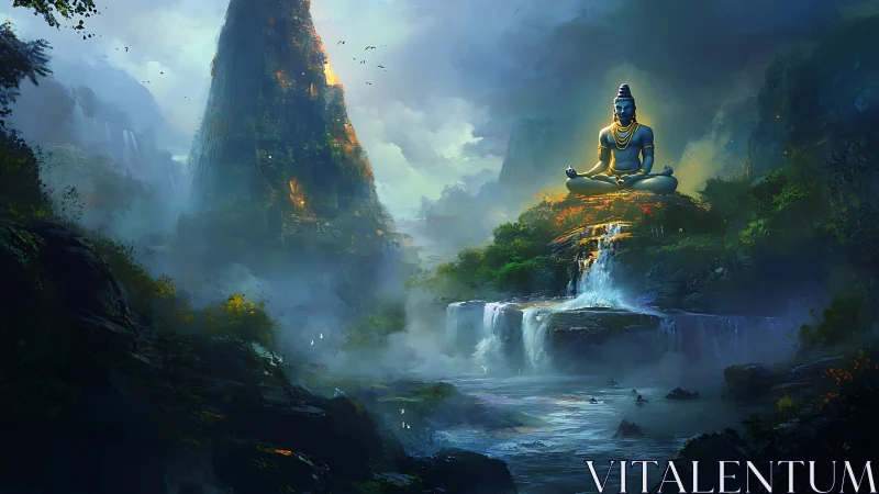 Serene blue deity above misty waterfalls in lush valley.