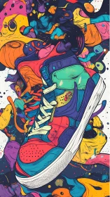 Dynamic sneaker illustration explodes through abstract neon graffiti