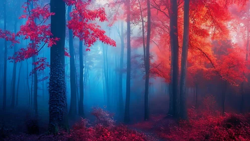 Enchanted scarlet forest emerging through cyan twilight mist.