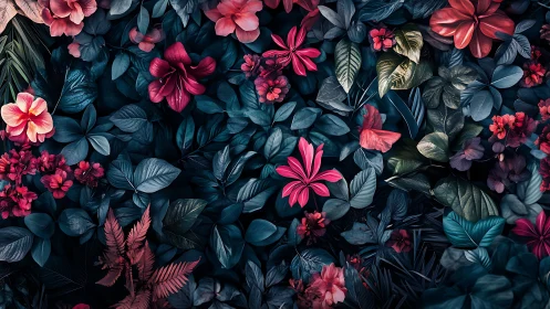 Dark Floral Arrangement with Pink Blooms and Teal Foliage.