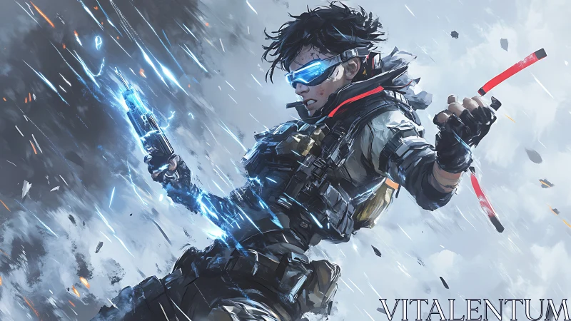 Futuristic combat figure with energy weapon and visor gear.