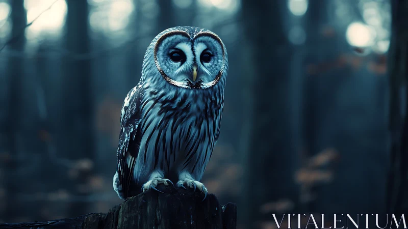 Majestic owl perched on tree stump in misty blue forest scene.