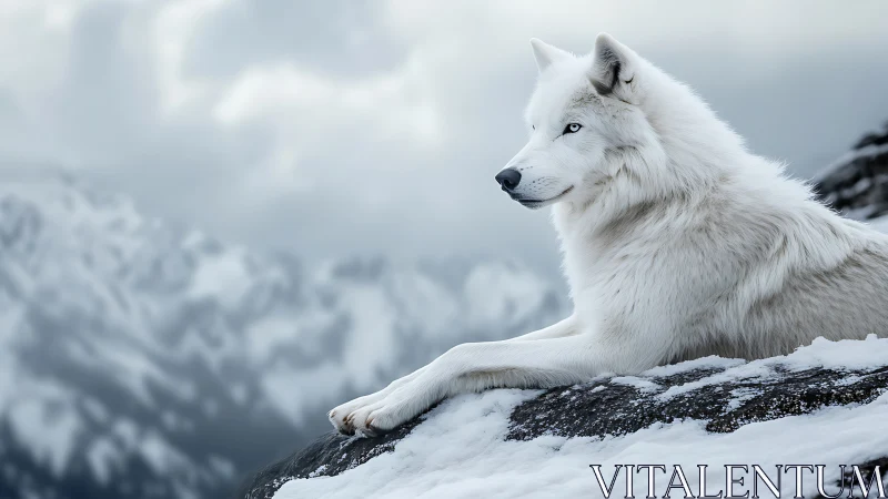 White canine on snowy ridge with distant mountain backdrop.