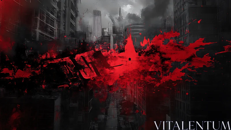 Crimson energy streak tears through a brooding dark cityscape