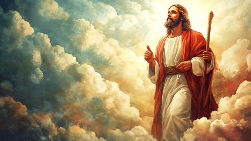 Radiant robed figure ascending through luminous celestial clouds