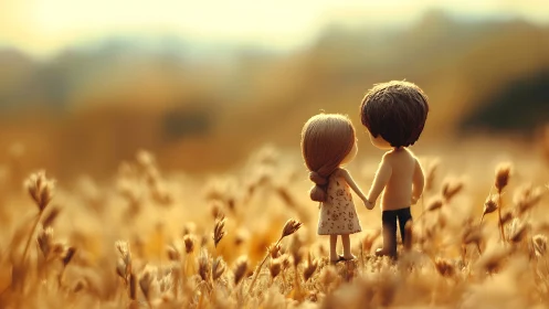 Two children holding hands in golden wheat field.