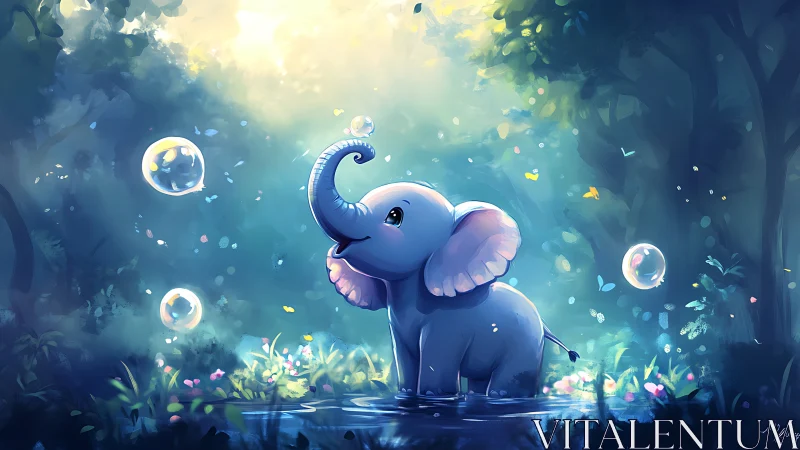 Tiny forest elephant blows dream-bright morning bubbles.