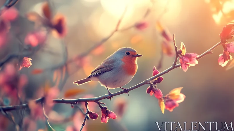 Sunlit robin pauses mid-melody on a blossom-bright branch
