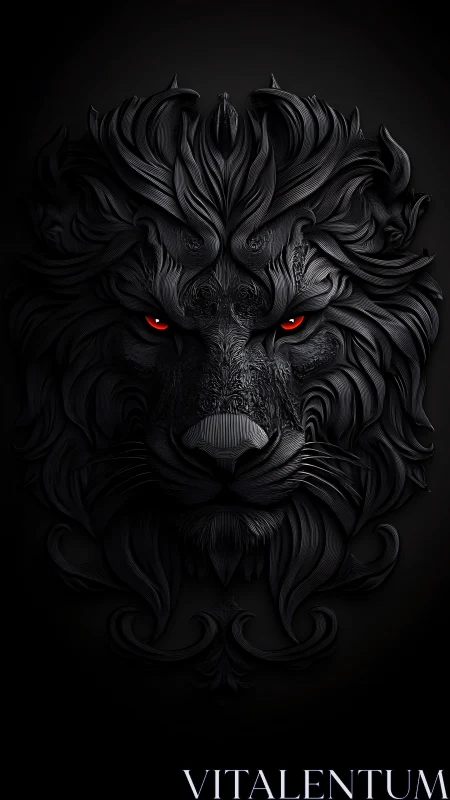 Black sculpted lion head with glowing red eyes centered