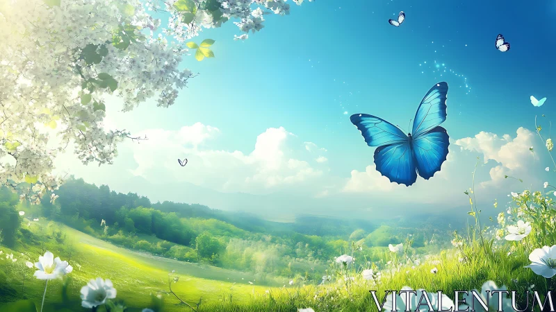 Majestic Blue Butterfly in Dreamy Spring Meadow Landscape Art.