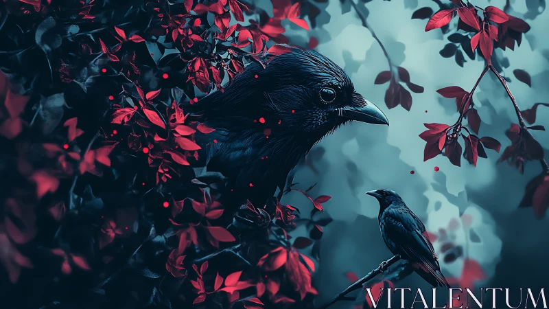Black Birds Among Red Foliage in Atmospheric Composition