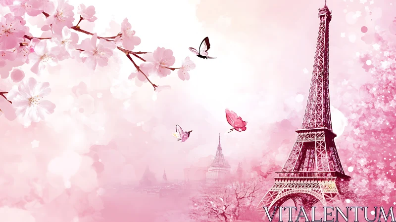 Romantic Eiffel Tower skyline framed by cherry blossoms and butterflies