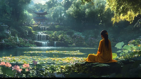 Woman in yellow sits by lotus pond facing tiered waterfall