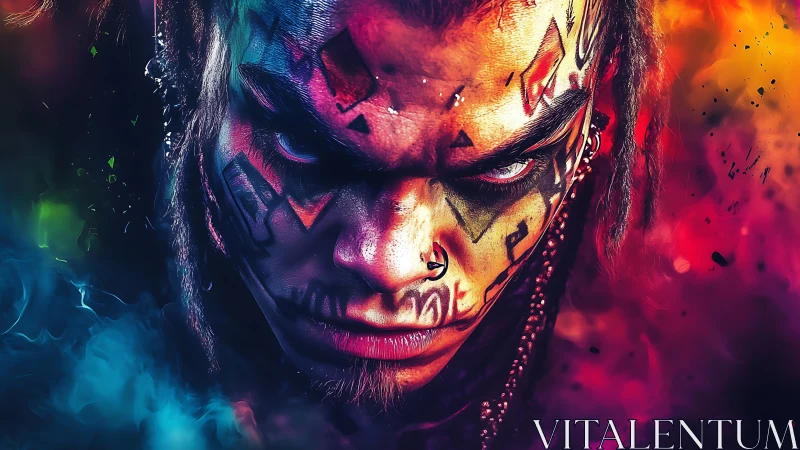 Chromatic tribal cyber-warrior portrait with spectral smoke fields.