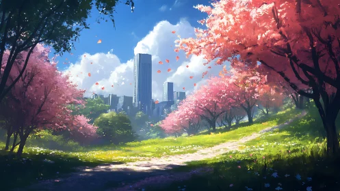 Spring orchard frames high-rise skyline with dynamic depth layering