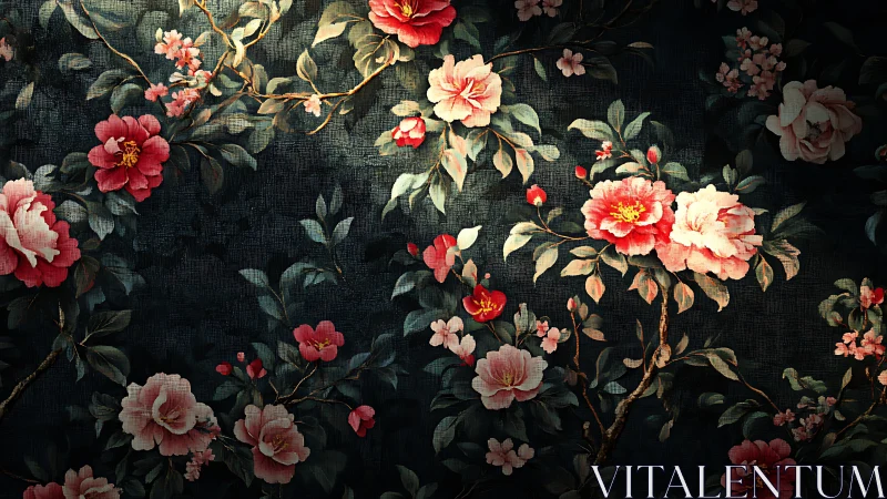 Romantic Floral Chinoiserie Pattern on Deep Navy Background