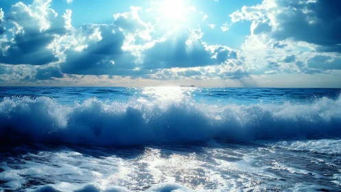 Photorealistic seascape with sunlit breaking waves and clouds.