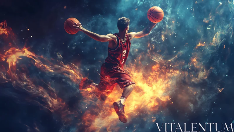 Basketball player in midair set against contrasting fire effects