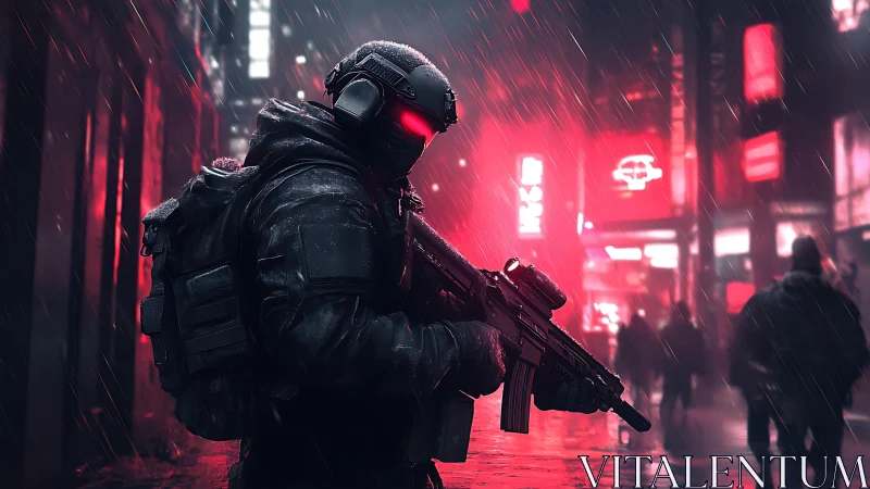 Cyberpunk tactical operative in neon-soaked rainy alleyway scene.